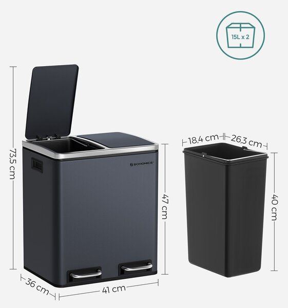 SONGMICS Odpadkový kôš na triedený odpad Bins 30 L antracit