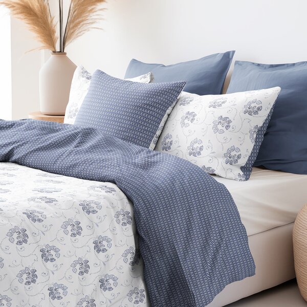 Goldea bavlnené posteľné obliečky - tmavo modré kvetované ornamenty s geometrickými tvarmi 140 x 200 a 70 x 90 cm