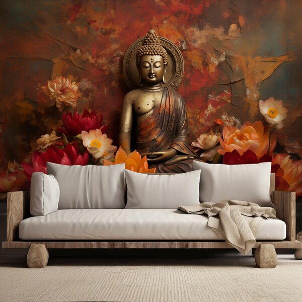 Fototapeta Socha meditujúceho Budhu a farebné kvety Materiál: Vliesová, Rozmery: 200 x 140 cm
