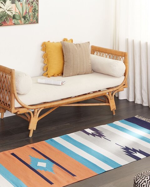 Kelímový koberec viacfarebný bavlna 80 x 300 cm geometrický vzor so strapcami ručne tkaný obojstranný boho štýl obývačka spálňa