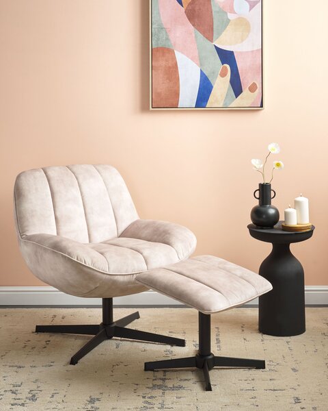 Kreslo s podnožkou béžové zamatové čalúnenie otočný podstavec prešívané sedadlo moderný mid century štýl obývačka spálňa