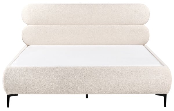 Posteľ krémová biela buklé čalúnenie čierne kovové nohy 180 x 200 cm lamelový rošt s čelom klasický minimalistický štýl spálňa