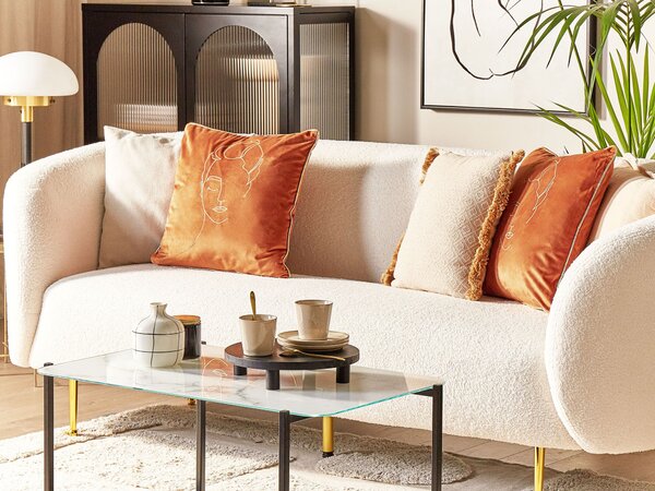 Sada 2 dekoratívnych vankúšov oranžová 45 x 45 cm zlatý vyšívaný vzor motív tváre glamour elegantné bytové doplnky