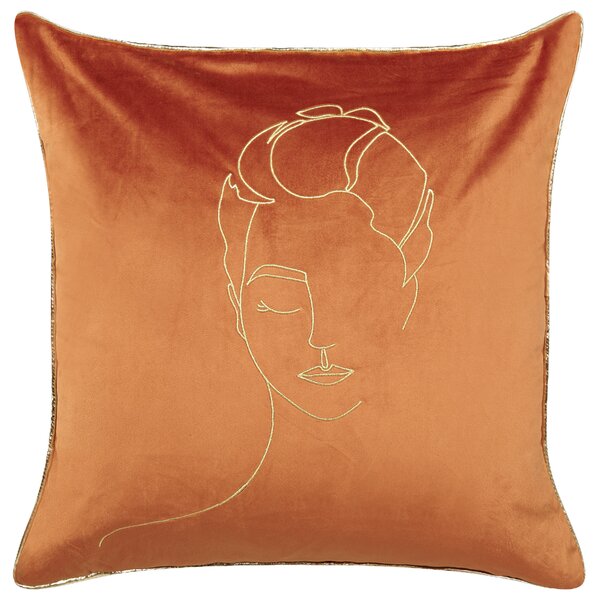 Sada 2 dekoratívnych vankúšov oranžová 45 x 45 cm zlatý vyšívaný vzor motív tváre glamour elegantné bytové doplnky