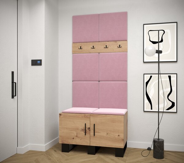 Predsieňová zostava RUMIE 4 - dub artisan, ružové panely