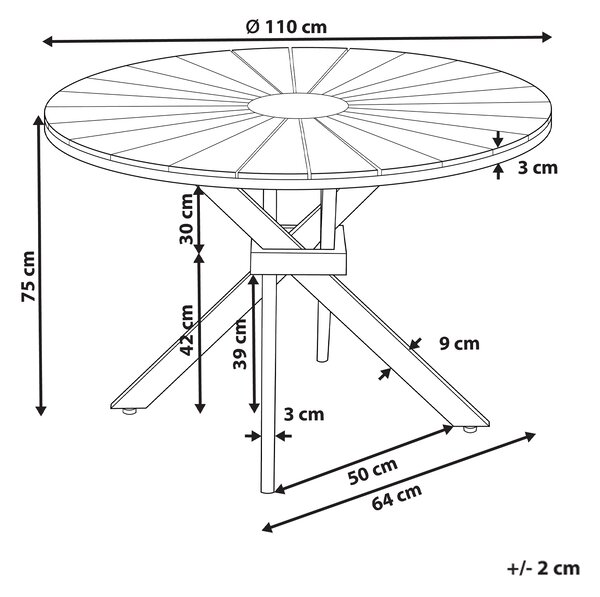 Záhradný jedálenský stôl svetlé akáciové drevo ⌀ 110 cm okrúhly tvar lamelový dizajn moderný štýl interiér exteriér