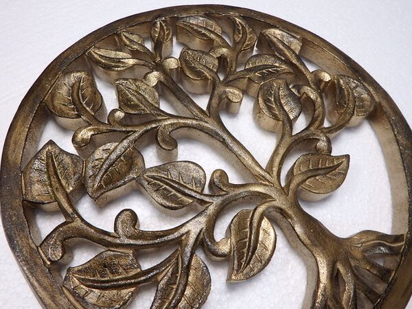 Dekorácia na stenu Strom života zlatý 30 cm, exotické drevo, ručná práca