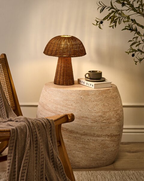 Stolná lampa hnedá prírodná ratanové tienodlo prútený dizajn moderný boho štýl obývacia izba spálňa