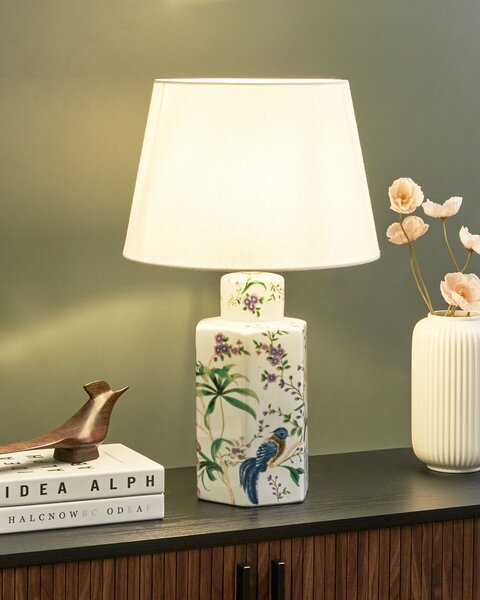 Stolná lampa biela porcelánový podstavec ľanové tienidlo kvetinový vzor osvetlenie obývacia izba spálňa