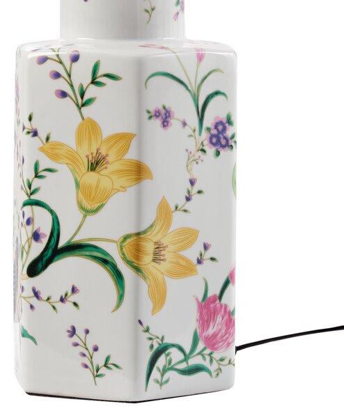 Stolná lampa biela porcelánový podstavec ľanové tienidlo kvetinový vzor osvetlenie obývacia izba spálňa