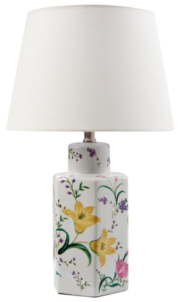 Stolná lampa biela porcelánový podstavec ľanové tienidlo kvetinový vzor osvetlenie obývacia izba spálňa