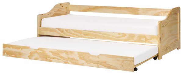 Rozkladacia posteľ svetlohnedá borovicový rám 90 x 200 cm s výsuvným lôžkom detská izba spálňa