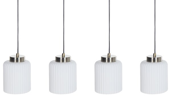 Závesná lampa čierna mosadzná kovová so 4 bielymi sklenenými tienidlami moderný industriálny štýl