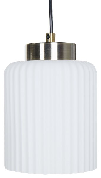 Závesná lampa čierna mosadzná kovová so 4 bielymi sklenenými tienidlami moderný industriálny štýl