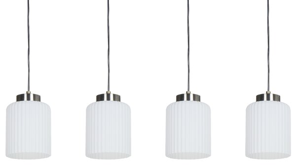 Závesná lampa čierna mosadzná kovová so 4 bielymi sklenenými tienidlami moderný industriálny štýl