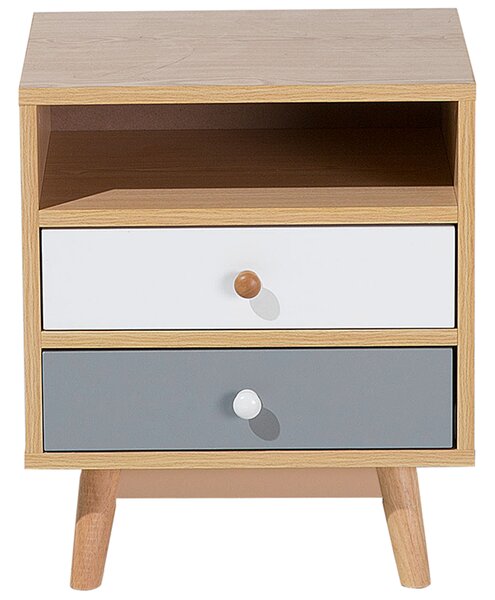 Nočný stolík sivá biela svetlé drevo kaučuk MDF 48 x 40 x 30 cm otvorená polica 2 zásuvky na nožičkách moderný retro štýl spálňa
