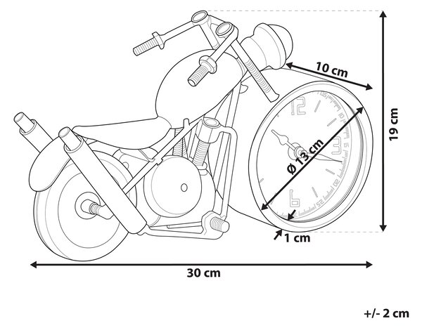 Stojace hodiny čierna biela strieborná železo sklo MDF tvar motorky dekoratívne hodiny na stôl moderný vintage štýl obývačka spálňa