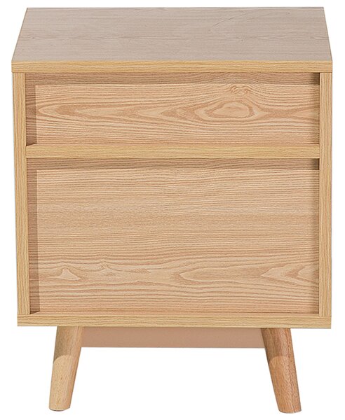 Nočný stolík sivá biela svetlé drevo kaučuk MDF 48 x 40 x 30 cm otvorená polica 2 zásuvky na nožičkách moderný retro štýl spálňa