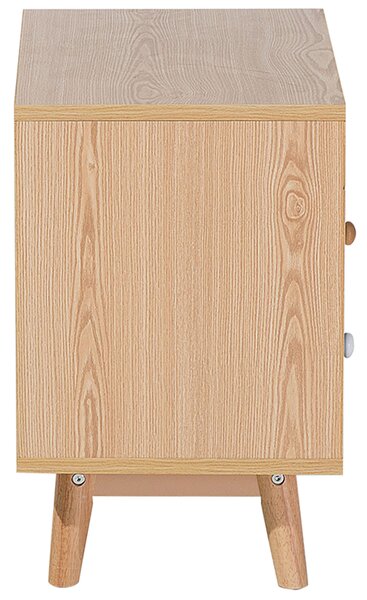 Nočný stolík sivá biela svetlé drevo kaučuk MDF 48 x 40 x 30 cm otvorená polica 2 zásuvky na nožičkách moderný retro štýl spálňa