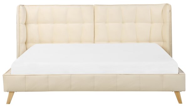 Posteľ béžová zamatové čalúnenie 180 x 200 cm rám s prešívaným nastaviteľným čelom svetlé drevené nohy moderný štýl spálňa