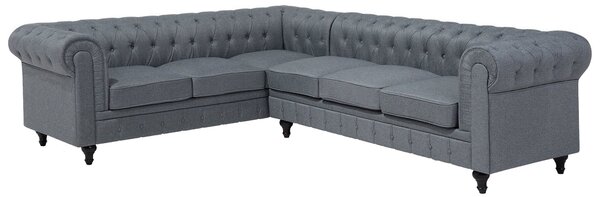 Pravá rohová pohovka chesterfield sivá čalúnená nízke prešívané operadlo tmavé drevené nohy 6-miestna moderná