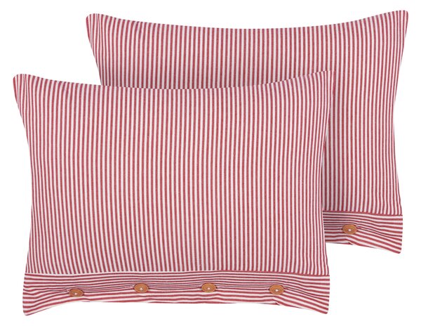 Sada 2 dekoratívnych bavlnených vankúšov červený a biely pruhovaný vzor 40 x 60 cm gombíky retro bytový doplnok spálňa obývačka