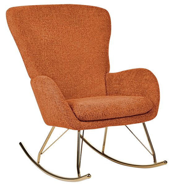 Hojdacie kreslo oranžové buklé čalúnenie zlaté kovové nohy tradičný retro dizajn