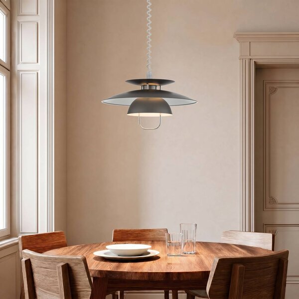 Lindby Závesná lampa Nadija, sivá, 43 cm, výškovo nastaviteľná, E27, Hliník / sivá / zinok, Kuchyňa, kov, Škandinávsky, Závesné svietidlo