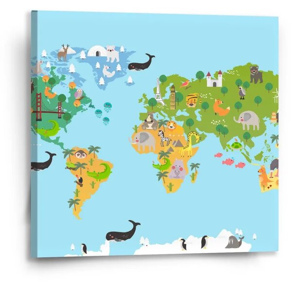 Sablio Obraz Zvieracia mapa sveta - 50x50 cm