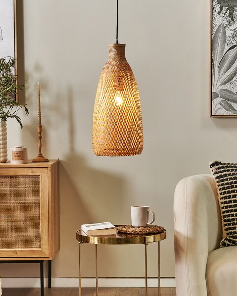 Závesná lampa svetlé drevo béžová otvorené bambusové tienidlo boho dizajn osvetlenie do interiéru