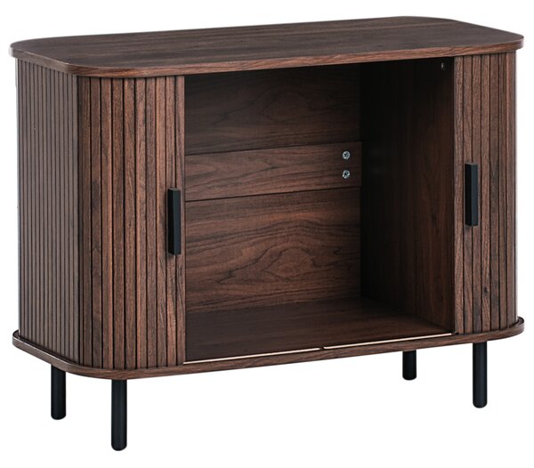 Komoda tmavohnedá čierne nohy MDF kov posuvné dvierka úložný priestor retro štýl obývacia izba