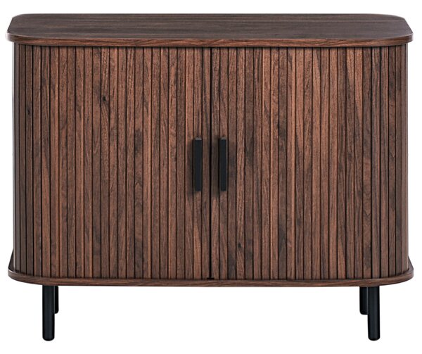 Komoda tmavohnedá čierne nohy MDF kov posuvné dvierka úložný priestor retro štýl obývacia izba
