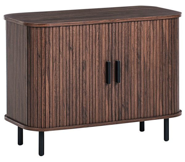 Komoda tmavohnedá čierne nohy MDF kov posuvné dvierka úložný priestor retro štýl obývacia izba