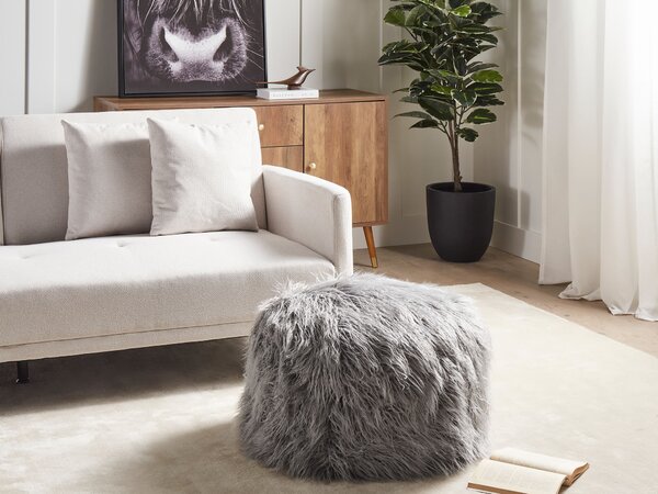 Taburetka sivá umelá kožušina EPS polystyrénová výplň štvorcový puf na sedenie boho moderná podnožka