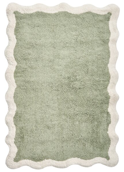 Kúpeľňová predložka zelená a béžová bavlnená obdĺžnikový tvar vlnitý okraj 60 x 90 cm koberec do kúpeľne moderný dizajn