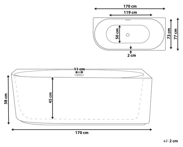 Rohová vaňa ľavostranná matná biela akrylátová 170 x 80 cm drážkovaná povrchová úprava moderný štýl kúpeľňa