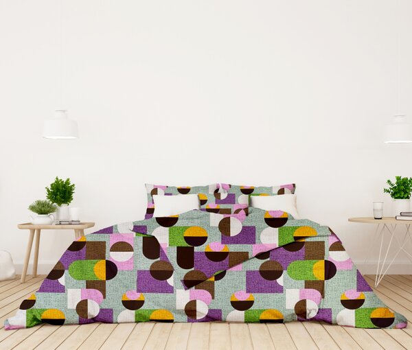 Ervi bavlnené KREPOVÉ obliečky - geometrické obrazce fialové/zelené