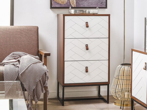 Komoda tmavé drevo biela MDF kov 91 x 49 x 38 cm 3 zásuvky úložný priestor moderný štýl obývačka spálňa