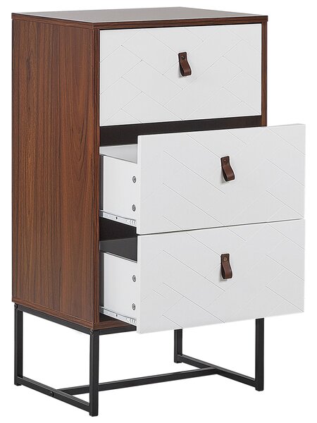Komoda tmavé drevo biela MDF kov 91 x 49 x 38 cm 3 zásuvky úložný priestor moderný štýl obývačka spálňa