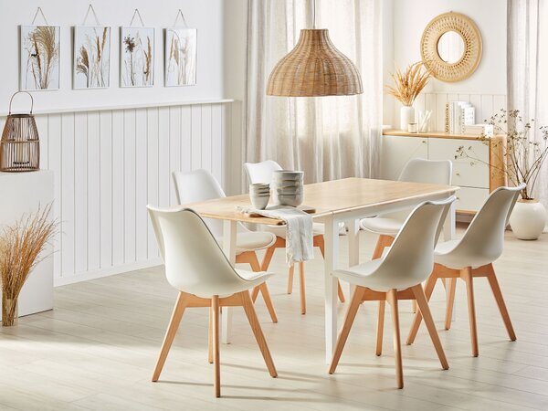 Jedálenský stôl biela svetlohnedá kaučuk 120/160 x 75 cm pre 6 osôb rozkladacia vrchná doska moderný škandinávsky štýl kuchyňa jedáleň