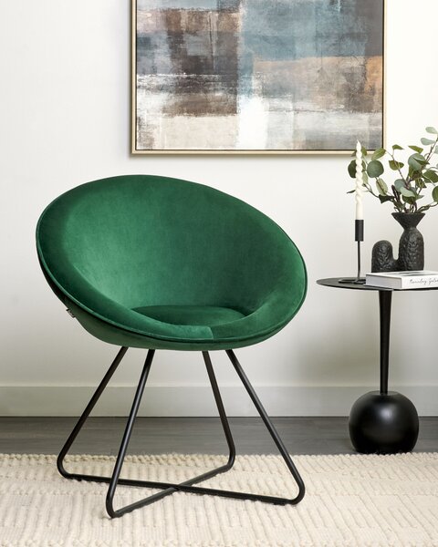 Dizajnové kreslo zelené zamatové čalúnenie okrúhle sedadlo retro minimalistický dizajn