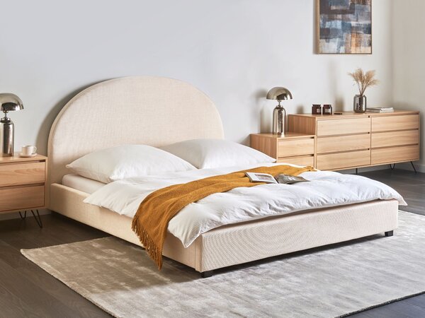 Posteľ svetlobéžová čalúnená polyester 160 x 200 cm zaoblené čelo minimalistický retro dizajn spálňa