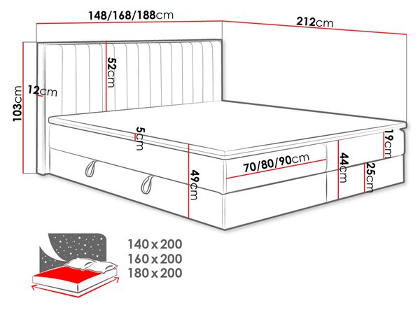 Kontinentálna posteľ 180x200 AGER - šedá / dub zlatý + topper ZDARMA