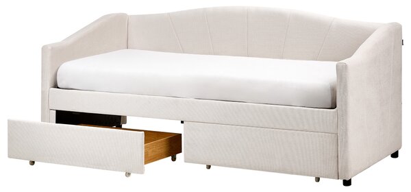 Posteľ svetlobéžová 90 x 200 cm polyesterové čalúnenie lamelový rošt eukalyptové drevo zásuvky z preglejky moderný štýl spálňa