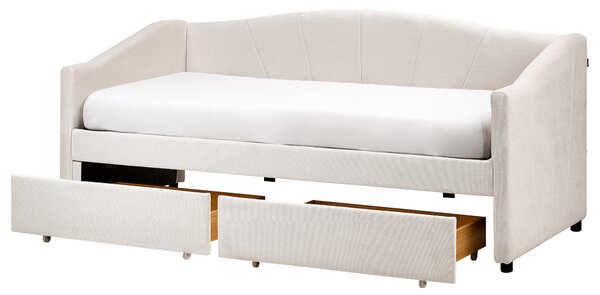 Posteľ svetlobéžová 90 x 200 cm polyesterové čalúnenie lamelový rošt eukalyptové drevo zásuvky z preglejky moderný štýl spálňa