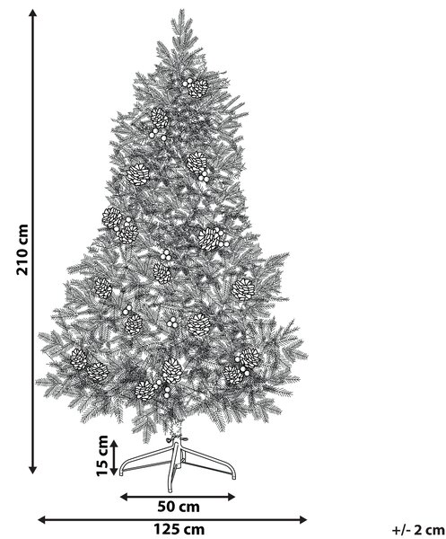 Umelý vianočný stromček zelený syntetický materiál 210 cm vetvy so snehom LED svetielka borovicové šišky Vianoce doplnky