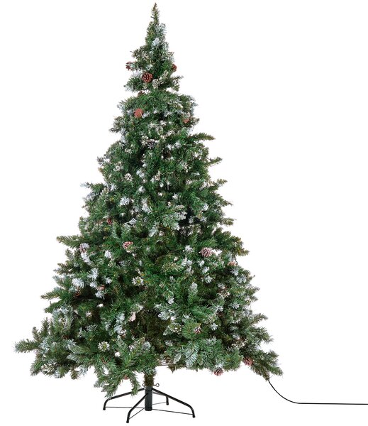 Umelý vianočný stromček zelený syntetický materiál 210 cm vetvy so snehom LED svetielka borovicové šišky Vianoce doplnky