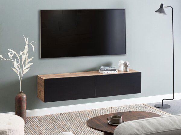 Závesná skrinka pod TV čierna a hnedá 140 cm tv stolík na stenu minimalistický dizajn obývacia izba
