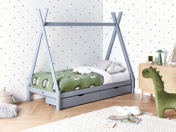 Detská posteľ teepee sivá borovicové drevo 90 x 200 cm jednolôžko pre deti lamelový rám postele so zásuvkami