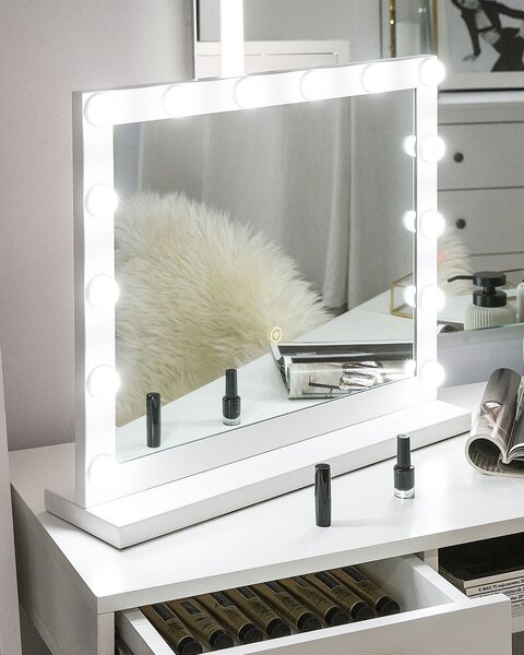 Nástenné zrkadlo biely rám s LED žiarovkami 50 x 60 cm obdĺžnikové hollywoodske
